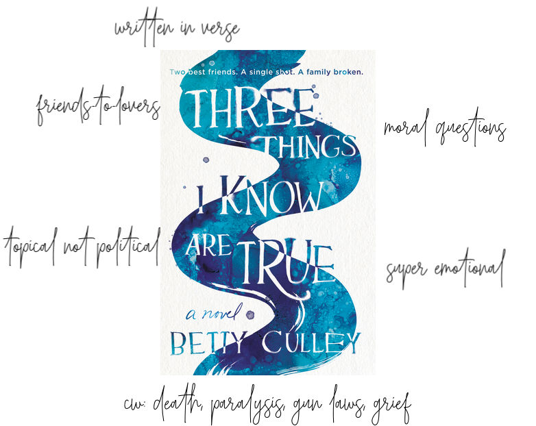 Three Things I Know Are True cover and information: written in verse, moral questions, friends to lovers, cw: gun laws, death, grief, paralysis