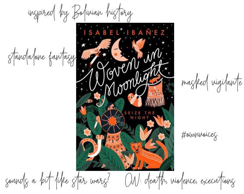 Woven in Moonlight cover and key points: inspired by Bolivian history, standalone fantasy, masked vigilante, CW: death, violence, executions